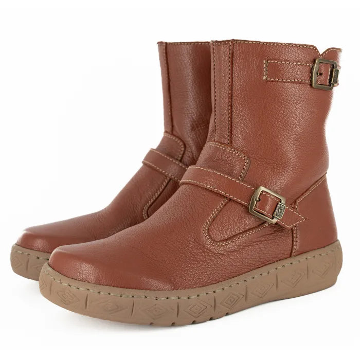 Pair of brown leather boots with buckles on a white background