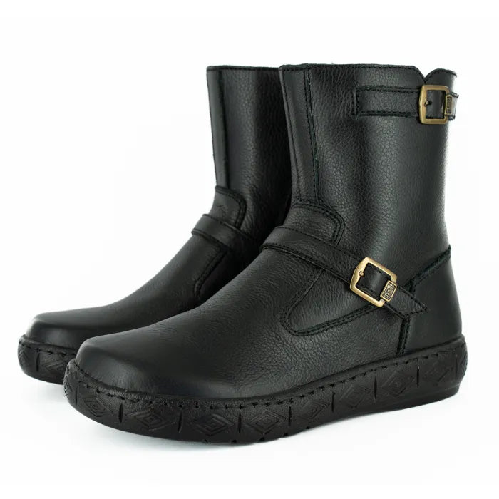 Black leather boots with gold buckles on a white background