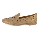 Beige loafer with floral cut-out design on a white background