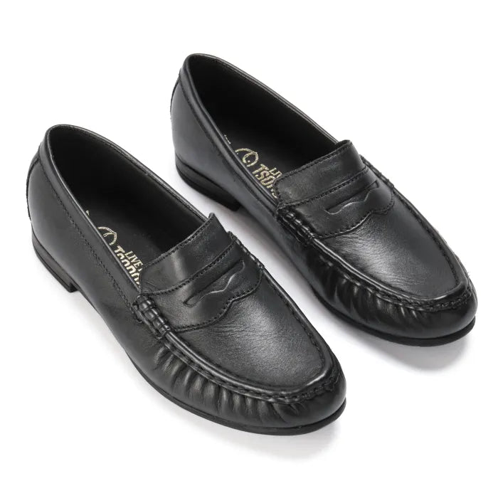 Pair of black loafers on a white background