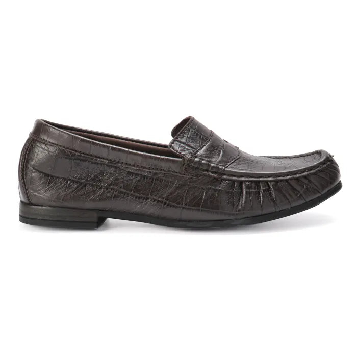 Dark brown leather loafer shoe on a white background