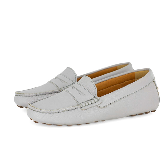 Pair of light gray loafers on a white background