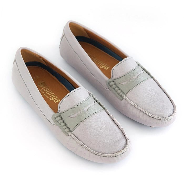A pair of light grey leather penny loafers with a darker grey strap detail, shown on a clean white background. The brand name 'Tsonga' is visible on the tan insoles.