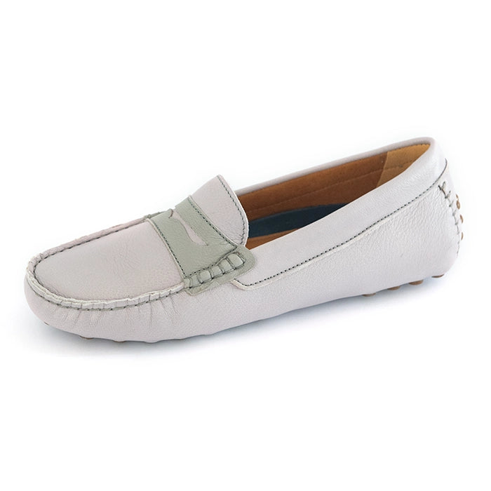 A light grey leather driving loafer with a grey strap detail and white stitching, shown from a side angle on a white background.