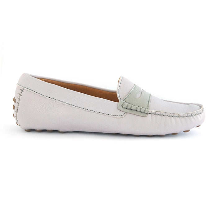 A single grey leather driving loafer with a grey strap detail and contrast stitching, shown from a side profile on a white background.