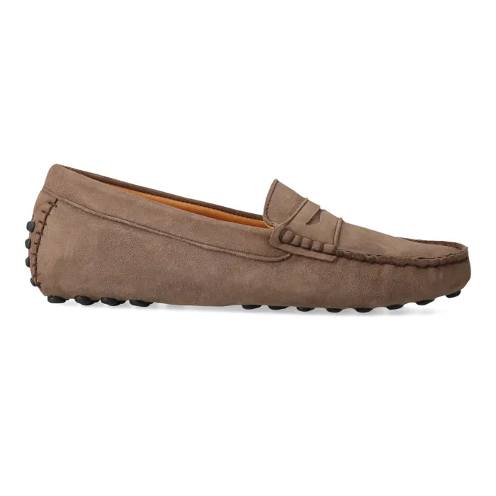 Brown suede loafer shoe on a white background