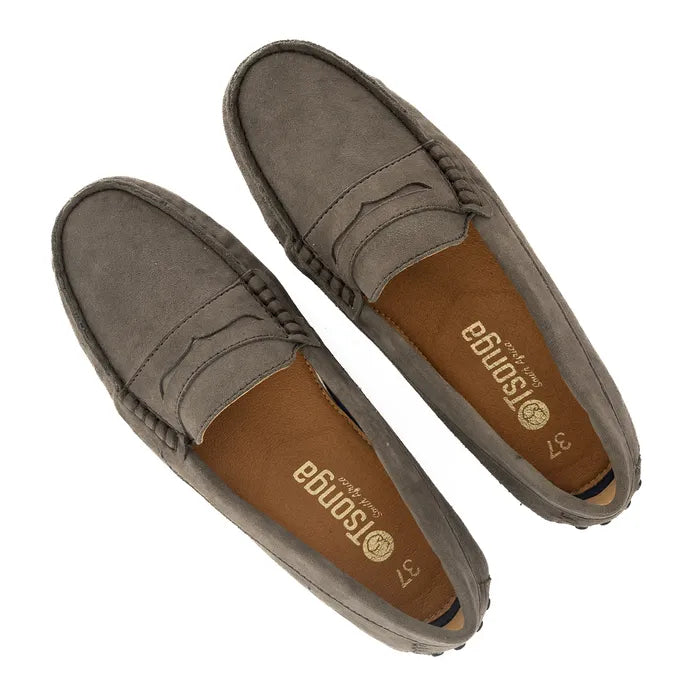 Pair of grey loafers with 'Tsonga' branding on a white background
