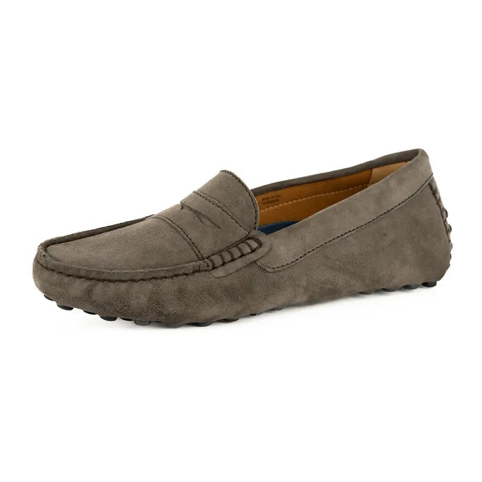 Brown suede loafer shoe on a white background