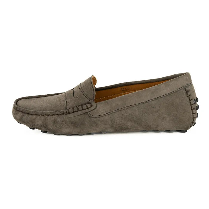 Brown suede loafer shoe on a white background