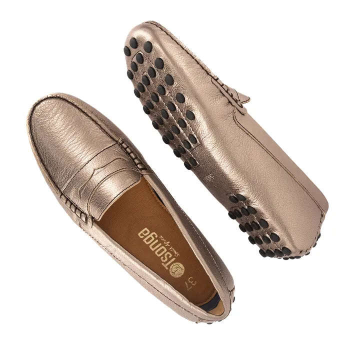 Pair of bronze loafers with a visible brand logo on a white background