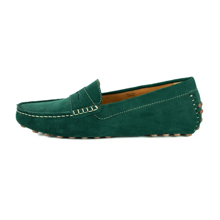 Green suede loafer shoe on a white background