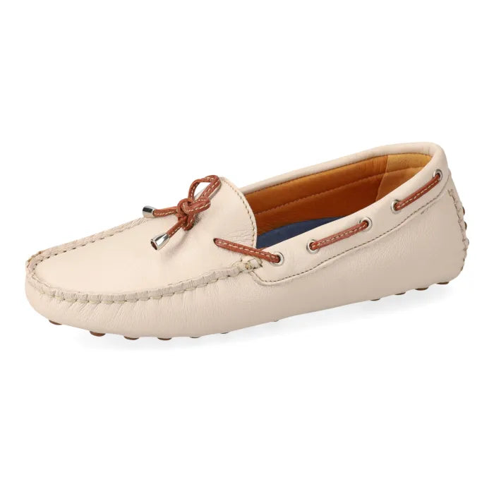 Cream loafer shoe with brown laces on a white background