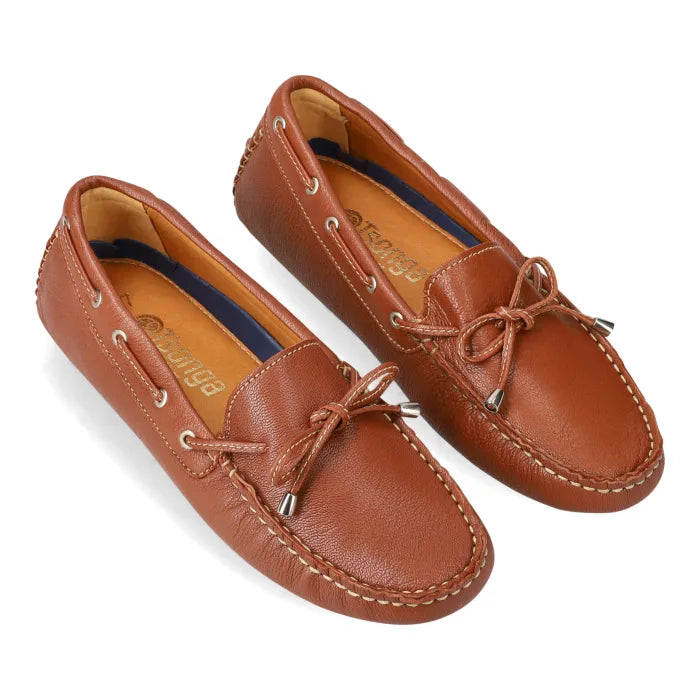 Pair of brown leather moccasins with laces on a white background