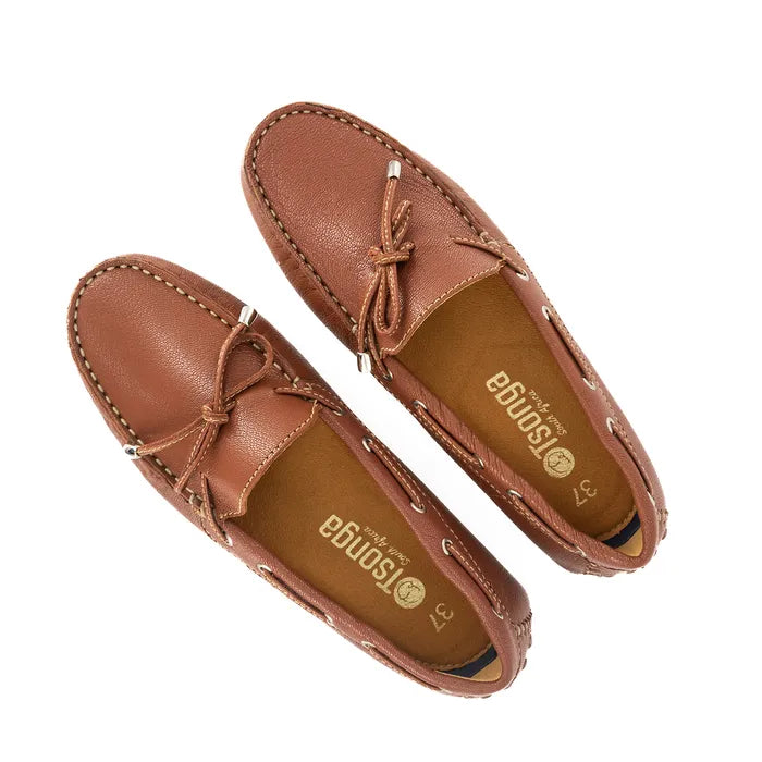 Pair of brown loafers with 'Island' branding on a white background