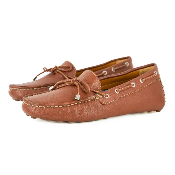 Pair of brown leather moccasins on a white background