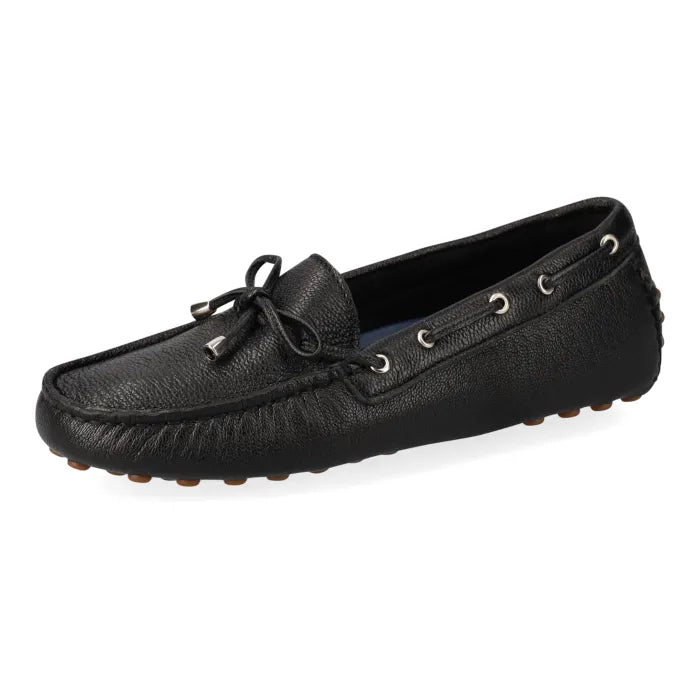 Black leather loafer shoe on a white background