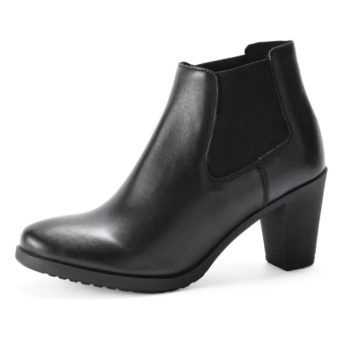 Black leather ankle boot on a white background