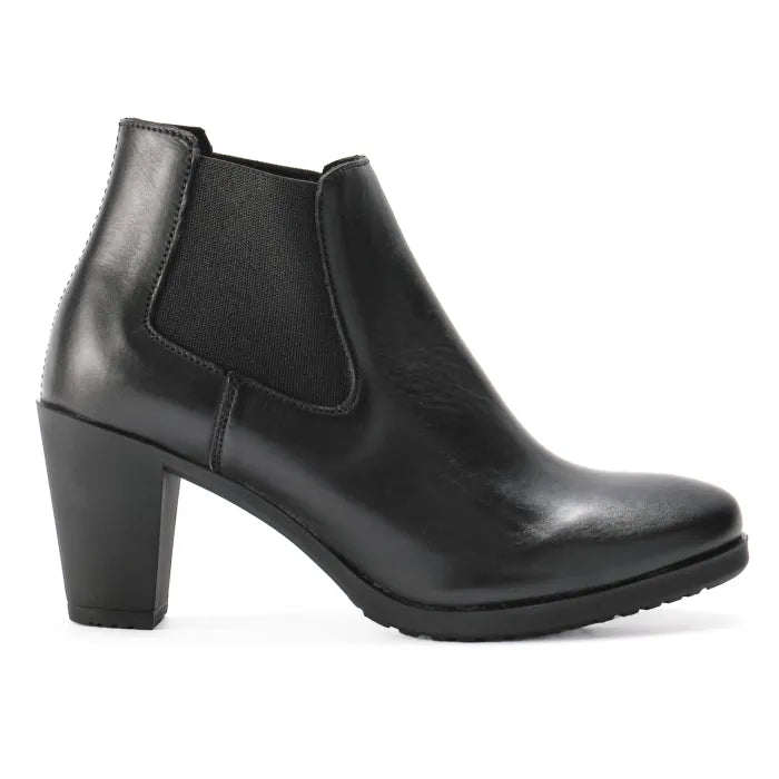 Black ankle boot with a block heel on a white background
