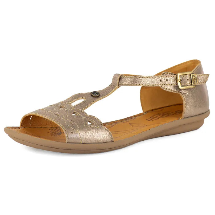 Gold sandal with open toe and strap on a white background