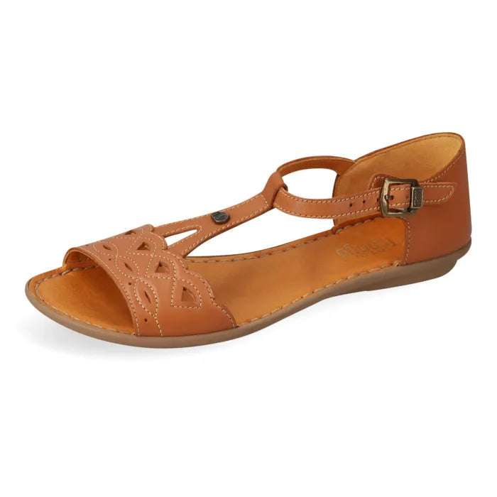 A tan leather flat sandal with a cutout toe strap, adjustable ankle strap with a metal buckle, and a contoured sole, shown on a plain white background.