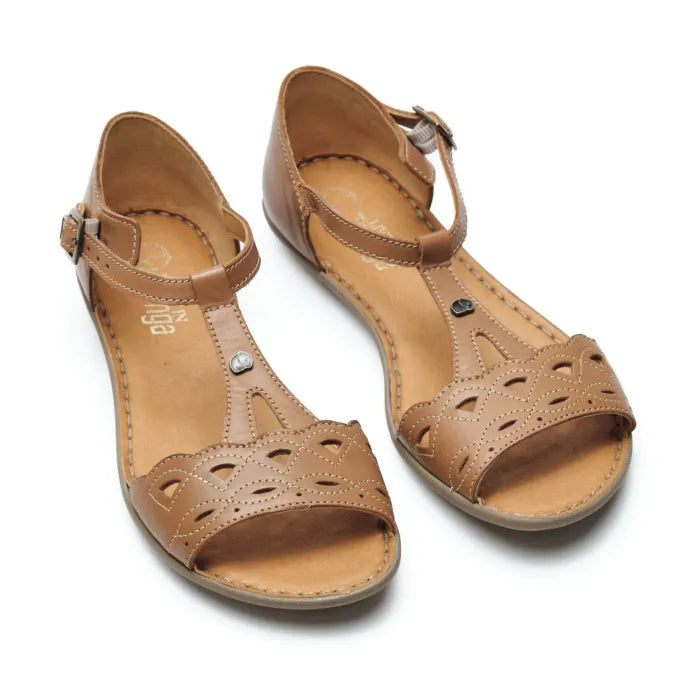 A pair of tan leather T-strap sandals with cutout details on the toe and side, shown on a plain white background.