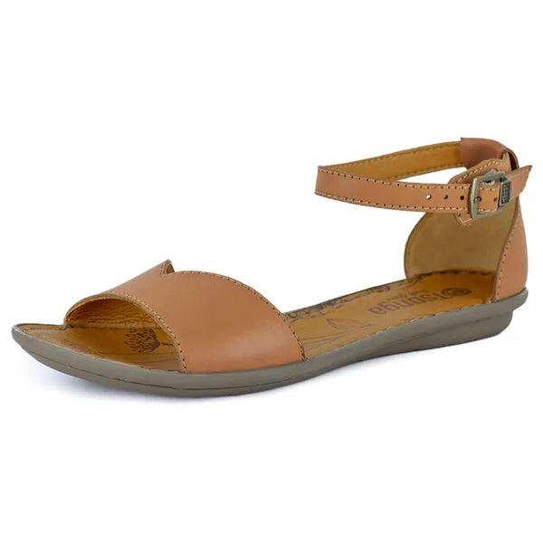 Tan sandal with a strap on a white background