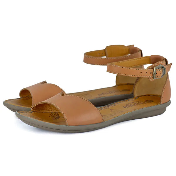 Pair of tan sandals with a strap on a white background