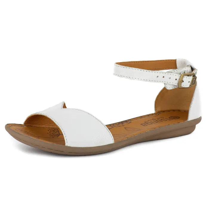 White sandal with brown sole on a white background