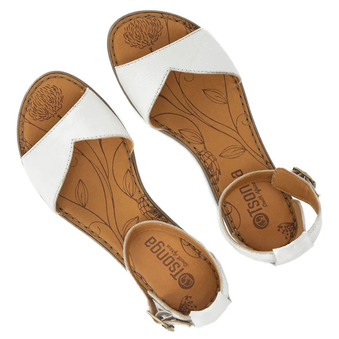 Pair of white sandals with printed design on the sock on a white background