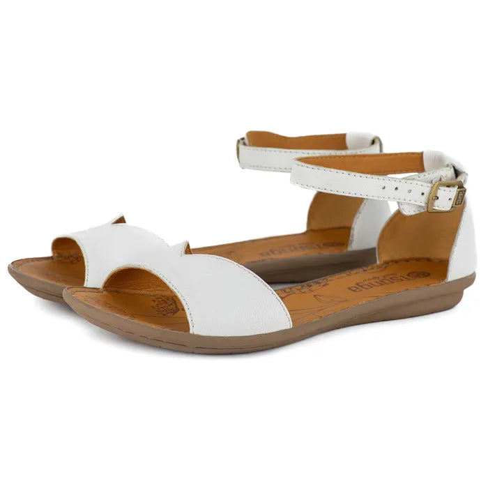 White sandals with brown soles on a white background