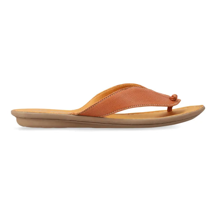 A single tan leather thong sandal with a matching flat sole, shown in profile against a plain white background.