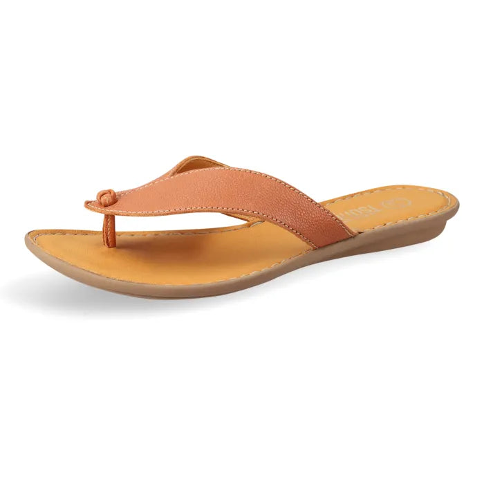 A single tan leather thong sandal with a flat sole, shown from a side profile on a white background.