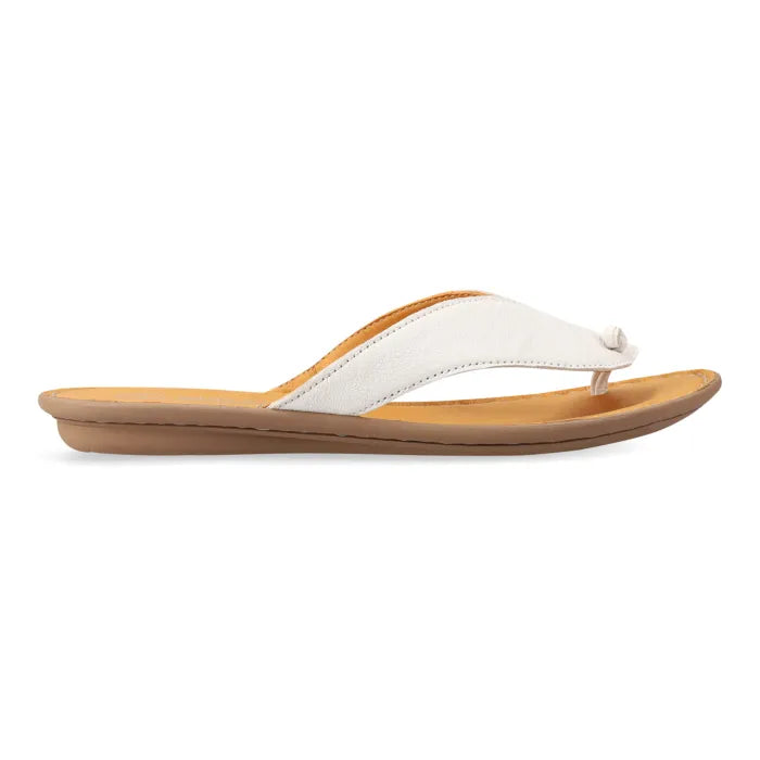 A single women's thong sandal shown in side profile against a solid white background. The sandal features a white textured leather strap with a small decorative bow at the toe, a tan footbed, and a brown outsole.