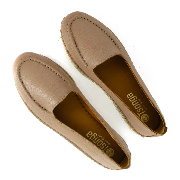 Pair of beige loafers on a white background