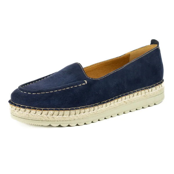 Navy blue espadrille shoe on a white background