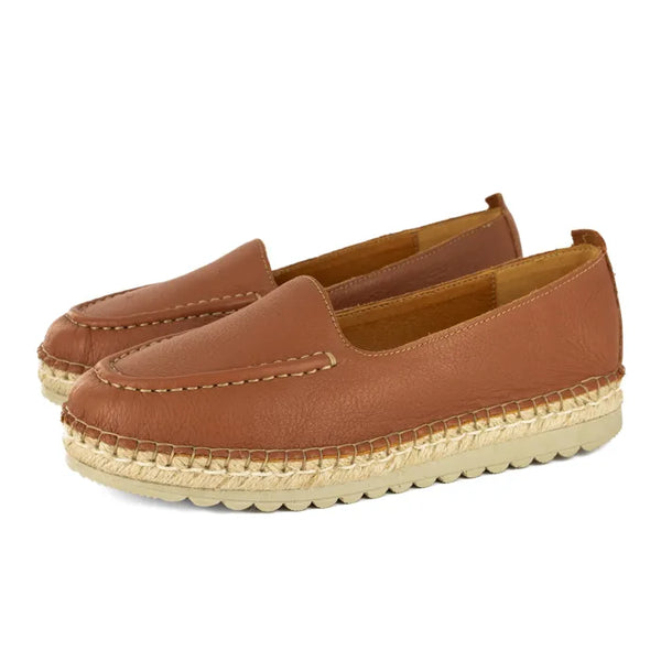Pair of brown loafers with espadrille soles on a white background