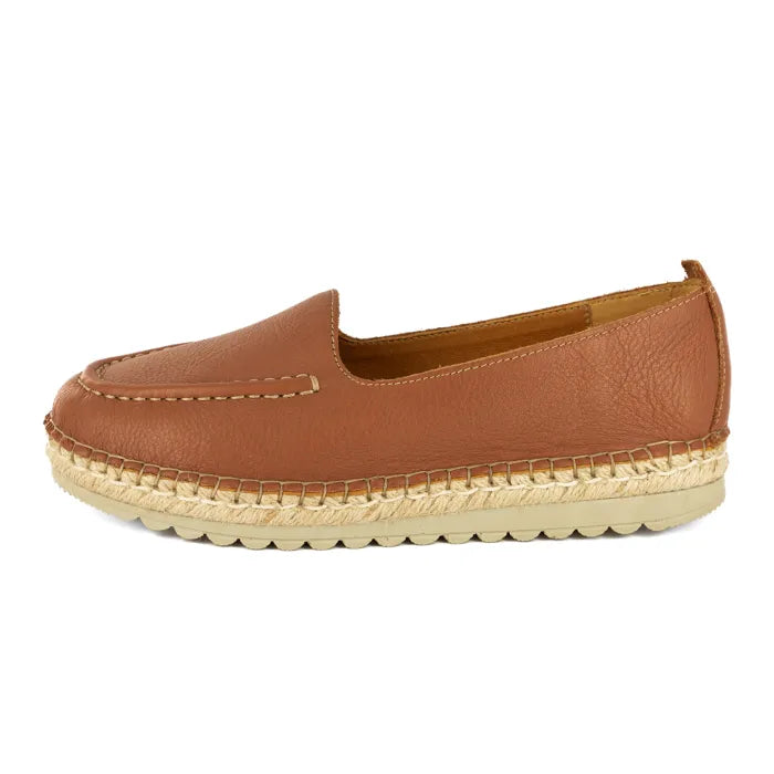 Brown leather espadrille shoe on a white background