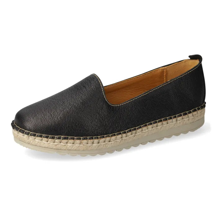 Single black espadrilles with jute sole on a white background