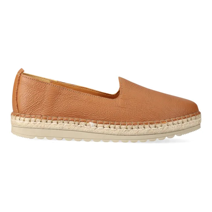 Tan leather espadrille shoe on a white background