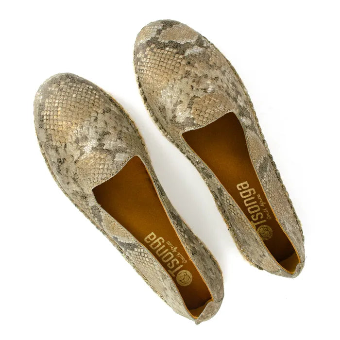 Pair of snake skin patterned shoes on a white background