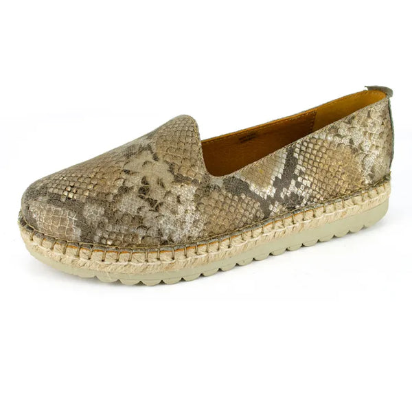 Snake print espadrille shoe on a white background