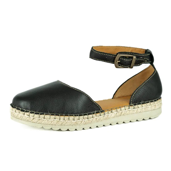 Black leather sandal with a braided sole on a white background