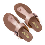 Pair of rose gold sandals with 'Tsonge' branding on a white background