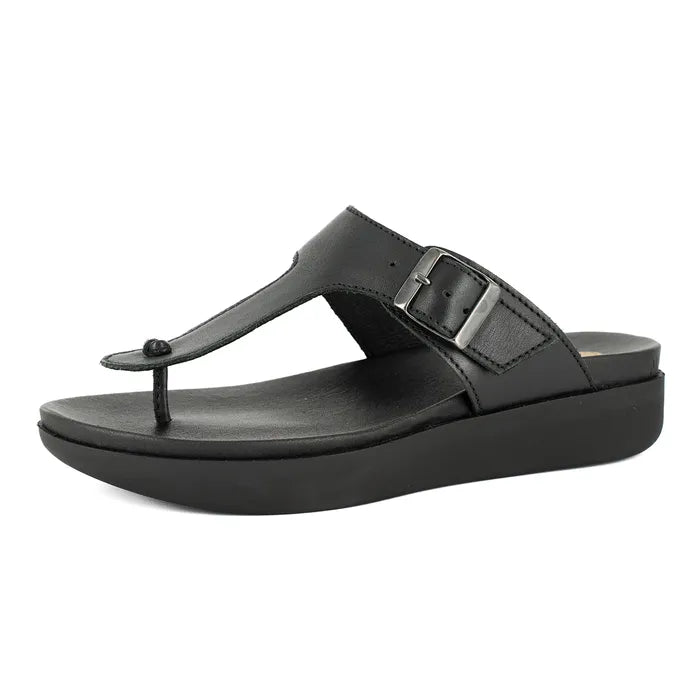 Black sandal with a strap on a white background