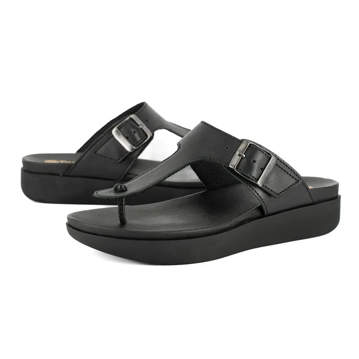 Black sandals with two straps on a white background