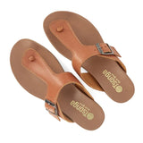 Pair of brown sandals with buckles on a white background