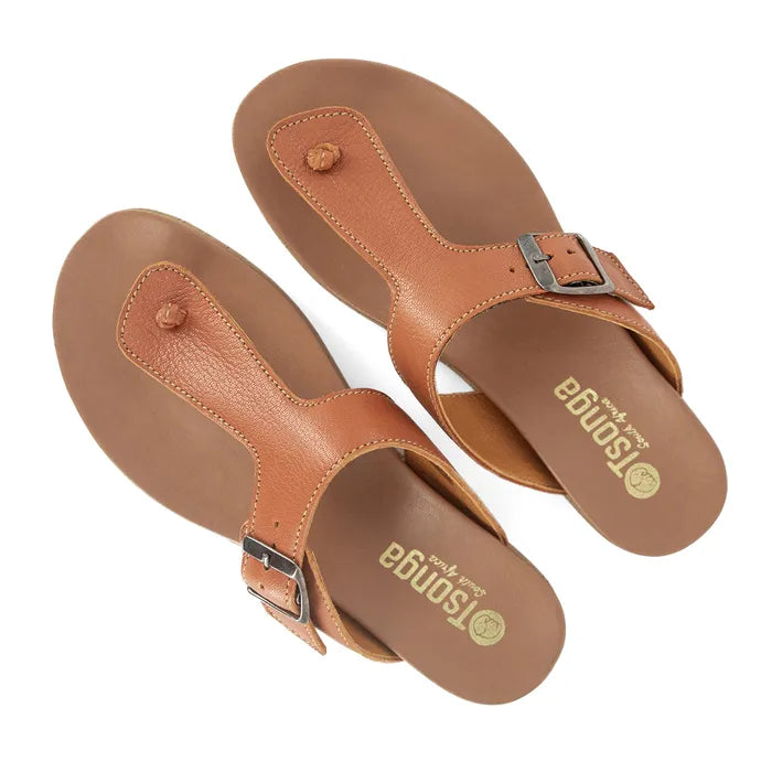 Pair of brown sandals with buckles on a white background