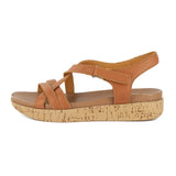Tan sandal with cork print platform on a white background