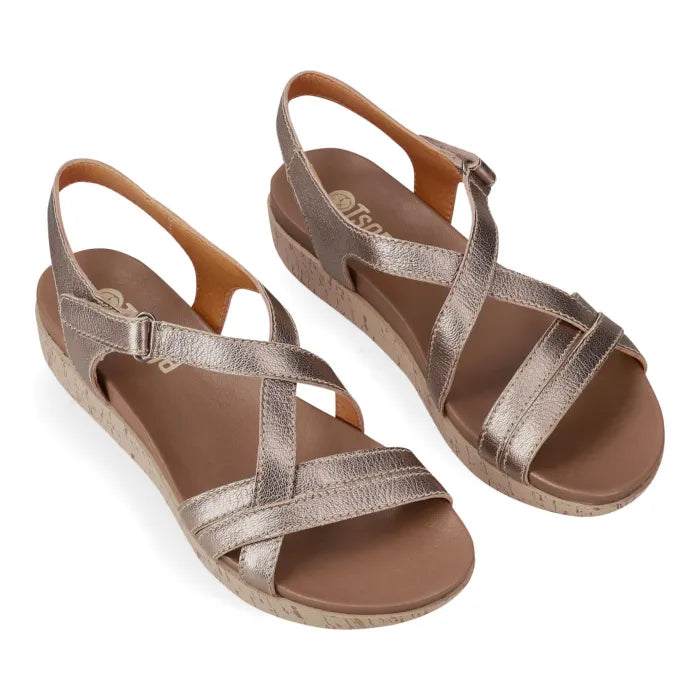 Pair of bronze sandals on a white background