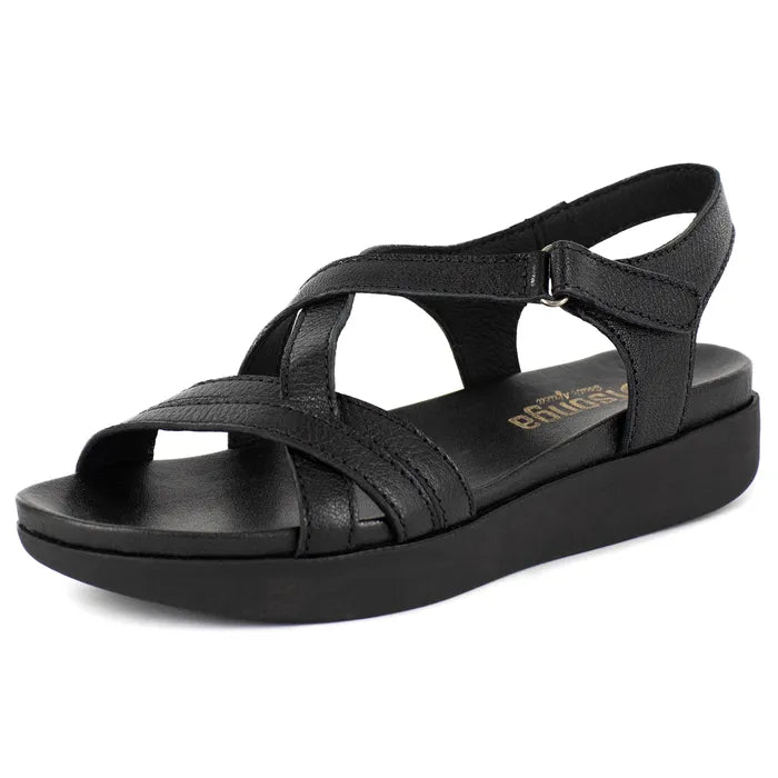 Black sandal with criss-cross straps on a white background